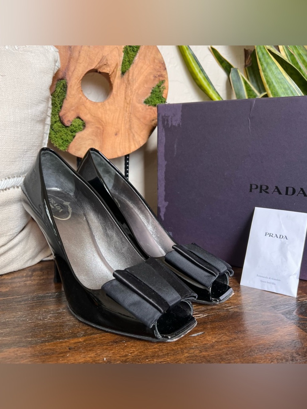 PRADA Black Parent Leather Grosgrain Satin Bow Peep Toe Heels 37.5